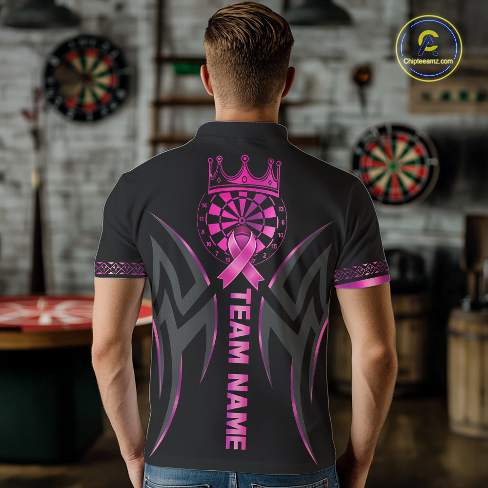 Man Wearing Personalized Pink Ribbon Crown Dartboard Custom Breast Cancer Awareness Dart Team Jersey Featuring the Complete Rear Graphic Design, Back View