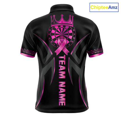 Custom Pink Ribbon Crown Dartboard Breast Cancer Awareness Darts Polo Shirt Designed for Personalized Dart Team Jerseys with Premium Athletic Performance and Inspirational Artwork