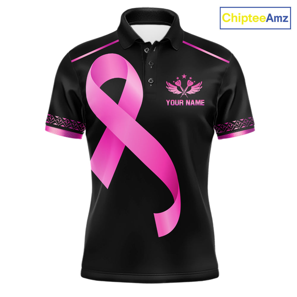 Personalized Pink Ribbon Crown Dartboard Breast Cancer Awareness Darts Polo Shirt Featuring a Crown and Dartboard Design for Dart League Players, Team Competition, and Awareness Events