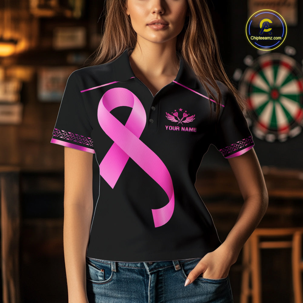 Woman Wearing Personalized Pink Ribbon Crown Dartboard Breast Cancer Awareness Darts Polo Shirt with Athletic Performance Fit and Meaningful Awareness Graphic, Front View