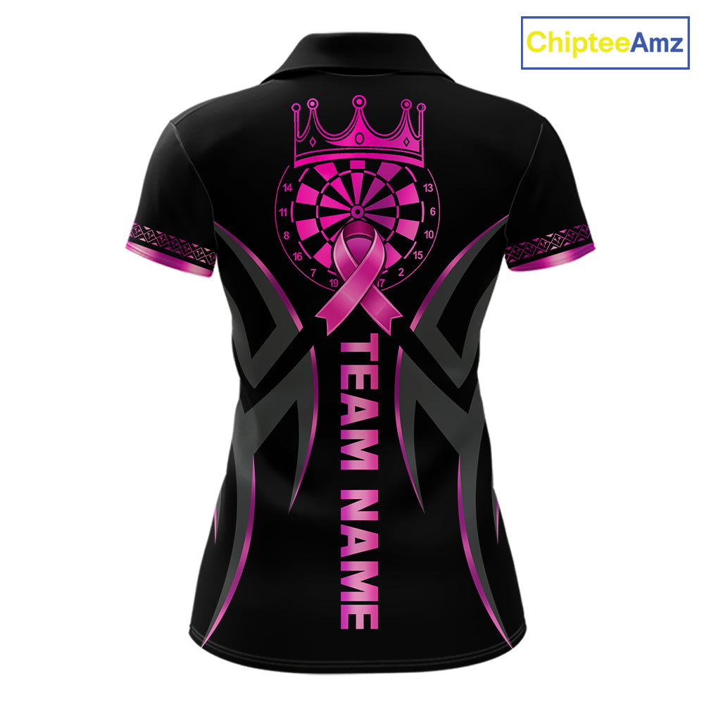 Custom Pink Ribbon Crown Dartboard Breast Cancer Awareness Darts Polo Shirt Designed for Personalized Dart Team Jerseys with Premium Athletic Performance and Inspirational Artwork