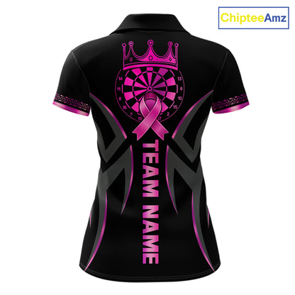 Custom Pink Ribbon Crown Dartboard Breast Cancer Awareness Darts Polo Shirt Designed for Personalized Dart Team Jerseys with Premium Athletic Performance and Inspirational Artwork