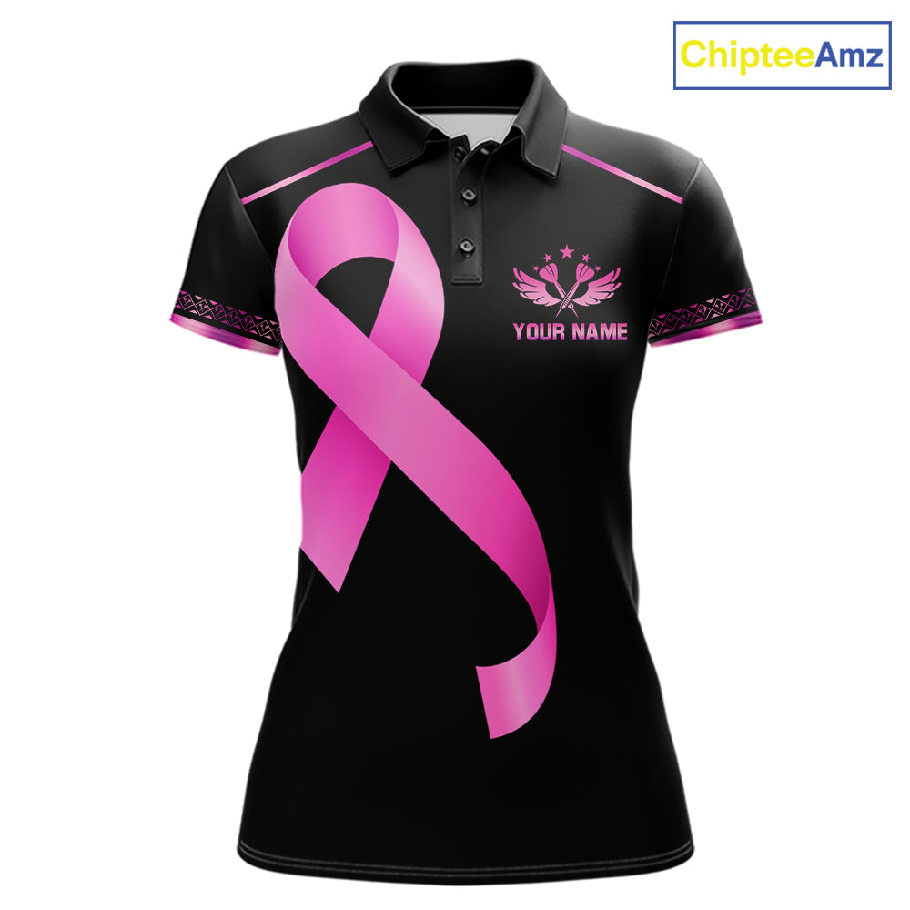 Personalized Pink Ribbon Crown Dartboard Breast Cancer Awareness Darts Polo Shirt Featuring a Crown and Dartboard Design for Dart League Players, Team Competition, and Awareness Events