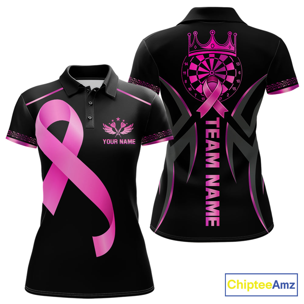 Personalized Pink Ribbon Crown Dartboard Breast Cancer Awareness Darts Polo Shirt Featuring a Crown and Dartboard Design for Dart League Players, Team Competition, and Awareness Events