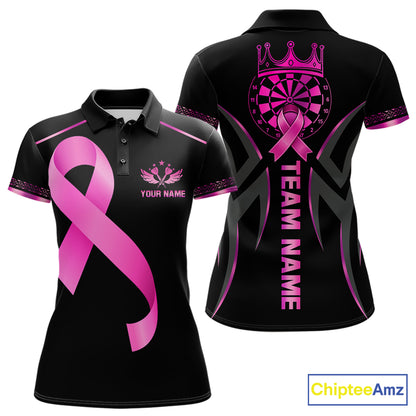 Personalized Pink Ribbon Crown Dartboard Breast Cancer Awareness Darts Polo Shirt Featuring a Crown and Dartboard Design for Dart League Players, Team Competition, and Awareness Events