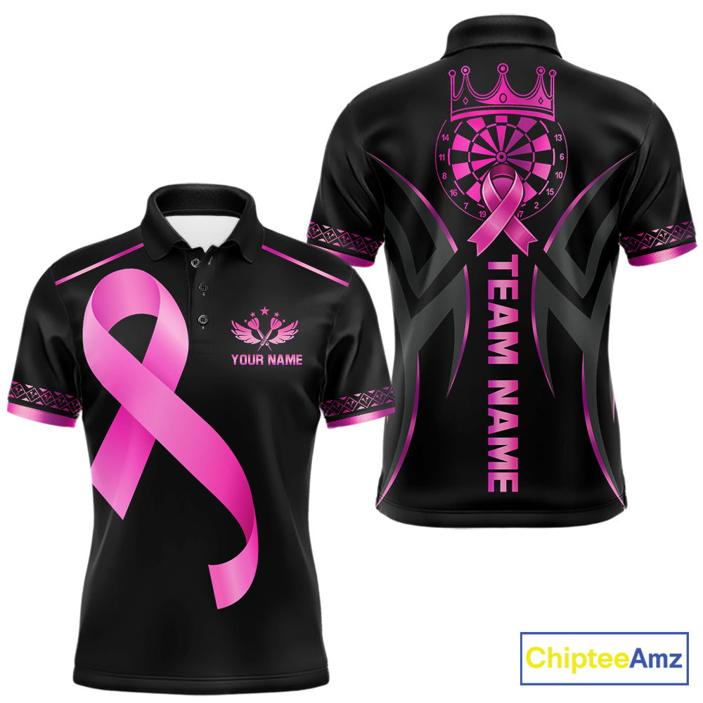 Personalized Pink Ribbon Crown Dartboard Breast Cancer Awareness Darts Polo Shirt Featuring a Crown and Dartboard Design for Dart League Players, Team Competition, and Awareness Events