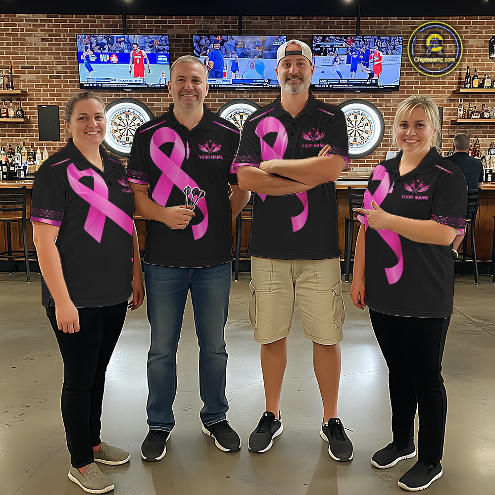 Dart Team Wearing Personalized Pink Ribbon Crown Dartboard Breast Cancer Awareness Darts Jerseys During League Competition and Awareness Tournaments, Front View