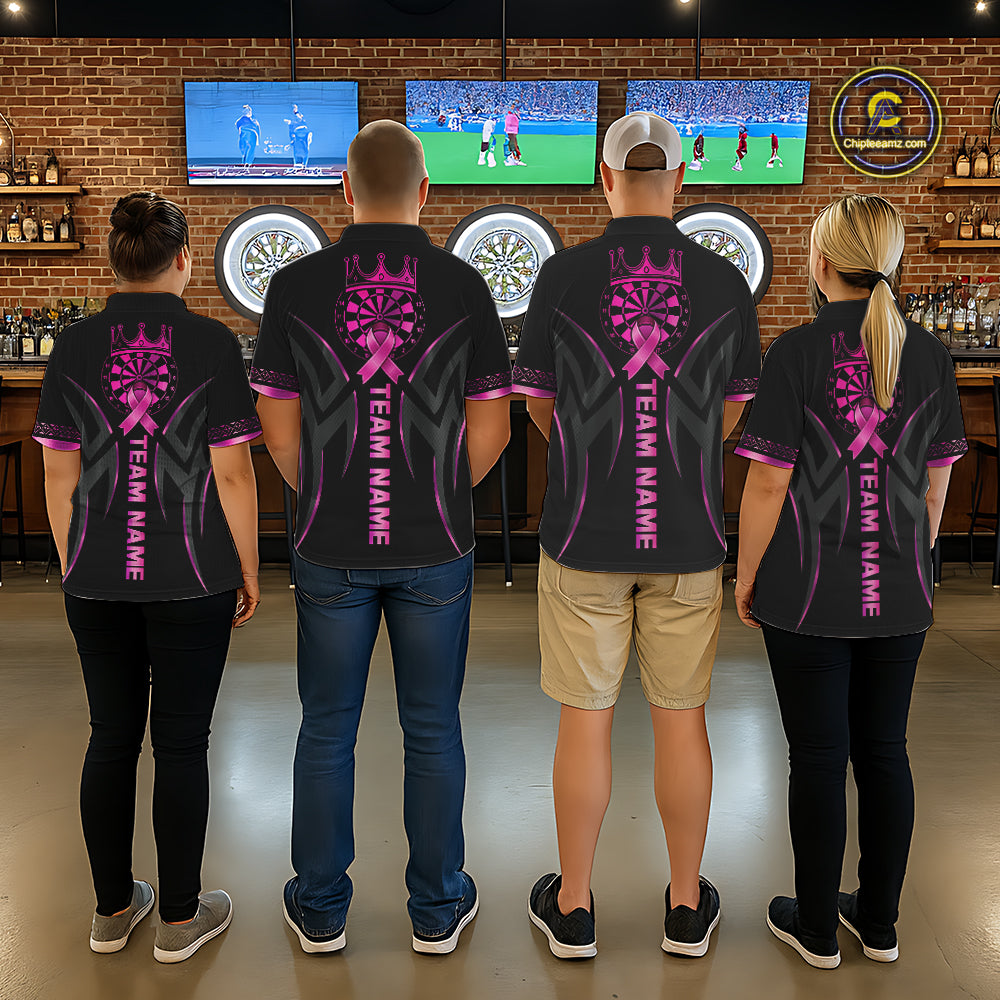 Dart Team Wearing Personalized Pink Ribbon Crown Dartboard Custom Dart Team Jerseys Featuring the Complete Back Artwork, Back View