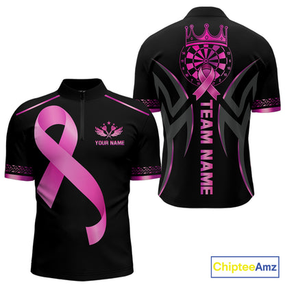Personalized Pink Ribbon Crown Dartboard Breast Cancer Awareness Quarter Zip Darts Shirt Created for Dart League Teams with Performance Fabric and Tournament Ready Comfort