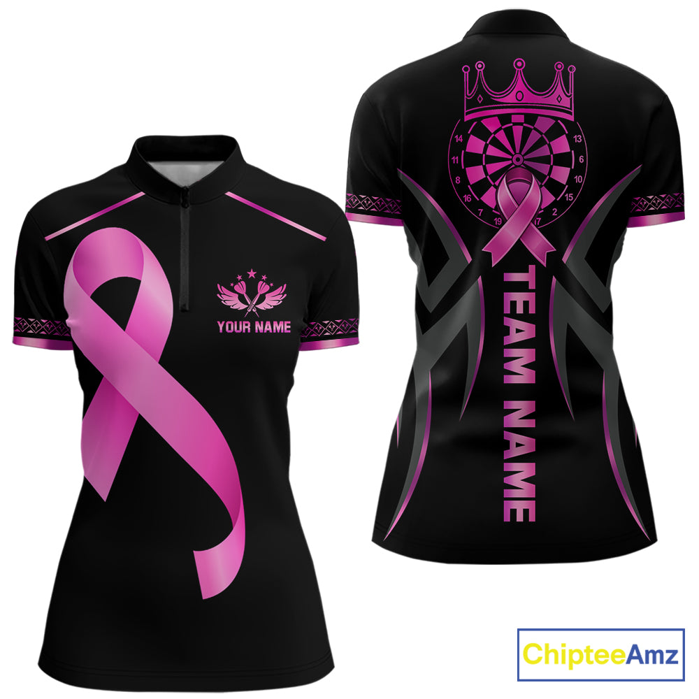 Personalized Pink Ribbon Crown Dartboard Breast Cancer Awareness Quarter Zip Darts Shirt Created for Dart League Teams with Performance Fabric and Tournament Ready Comfort