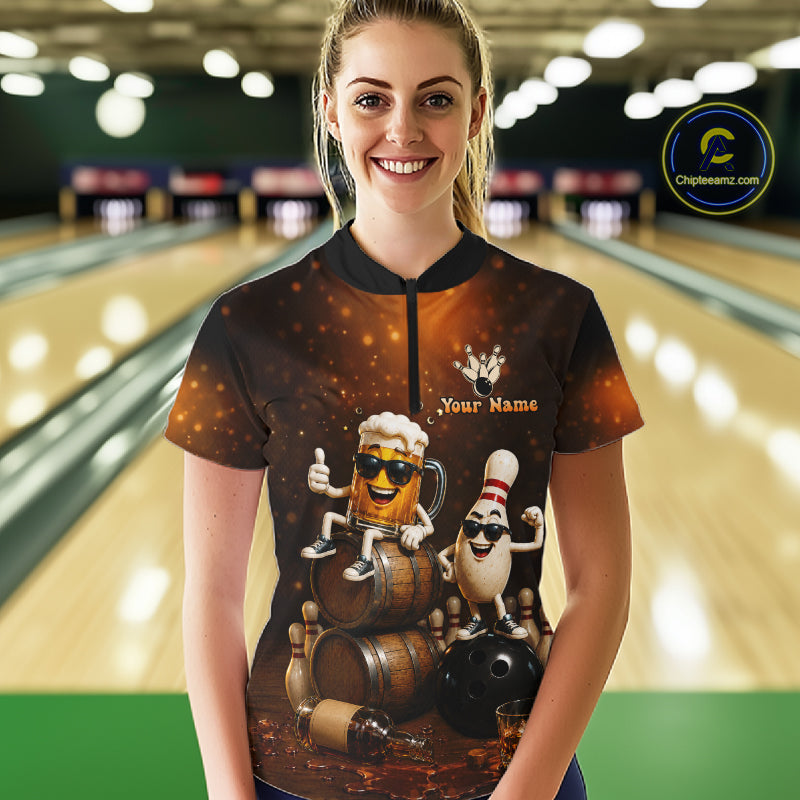 Personalized Funny Beer Bourbon Vintage Bowling Shirts For Women, Custom Bowling League Team Jersey TDM7376