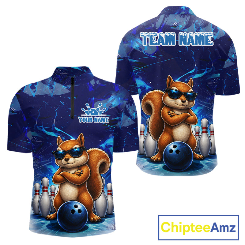 Personalized Blue Funny Squirrel Bowling Shirt For Men Custom Bowling Team Jersey Polo & 1/4 Zip TDM7377