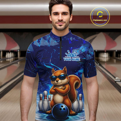 Personalized Blue Funny Squirrel Bowling Shirt For Men Custom Bowling Team Jersey Polo & 1/4 Zip TDM7377