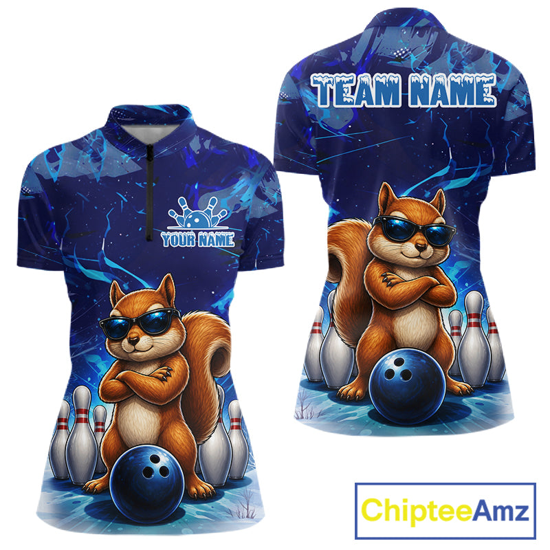 Personalized Blue Funny Squirrel Bowling Shirt For Women Custom Bowling Team Jersey Polo & 1/4 Zip TDM7377