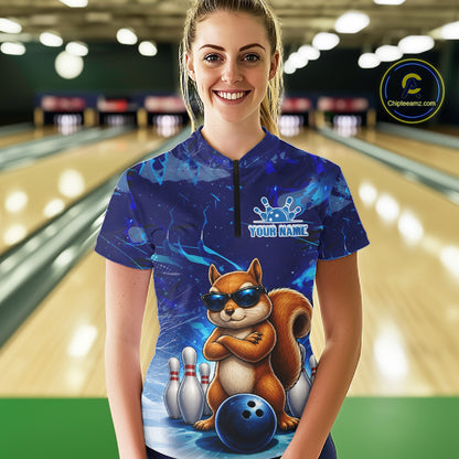 Personalized Blue Funny Squirrel Bowling Shirt For Women Custom Bowling Team Jersey Polo & 1/4 Zip TDM7377