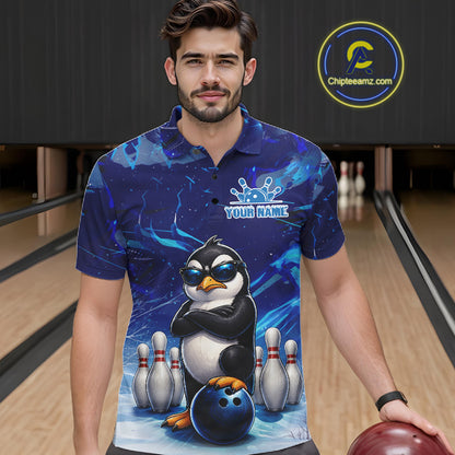 Personalized Blue Funny Penguin Bowling Shirt For Men Custom Bowling Team Jersey Polo & 1/4 Zip TDM7378
