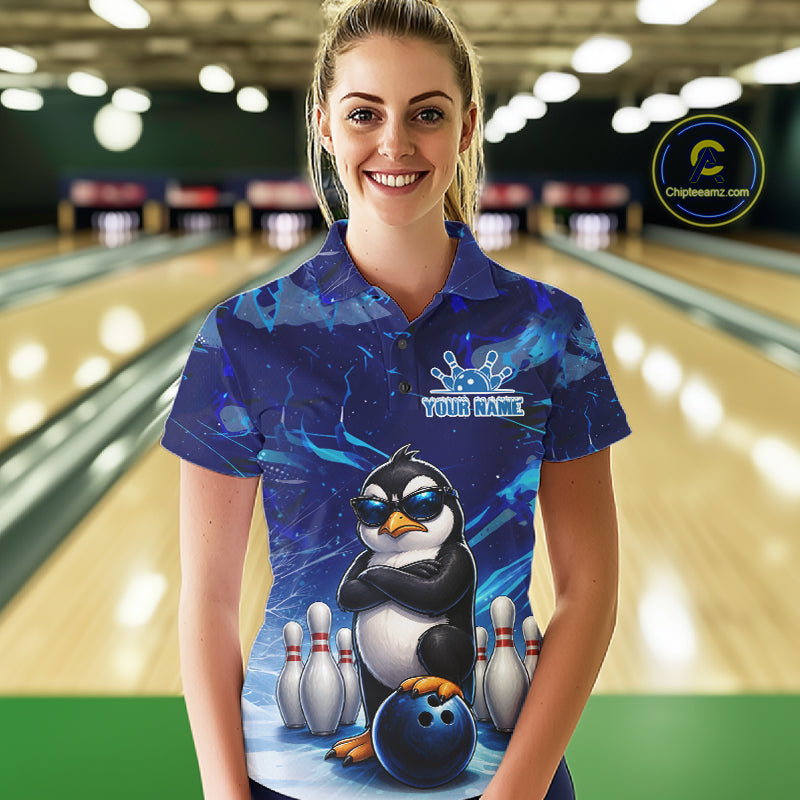 Personalized Blue Funny Penguin Bowling Shirt For Women Custom Bowling Team Jersey Polo & 1/4 Zip TDM7378