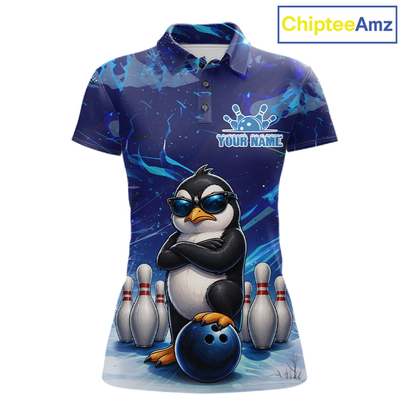 Personalized Blue Funny Penguin Bowling Shirt For Women Custom Bowling Team Jersey Polo & 1/4 Zip TDM7378