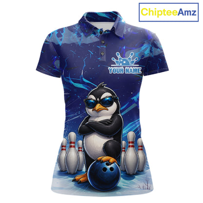 Personalized Blue Funny Penguin Bowling Shirt For Women Custom Bowling Team Jersey Polo & 1/4 Zip TDM7378