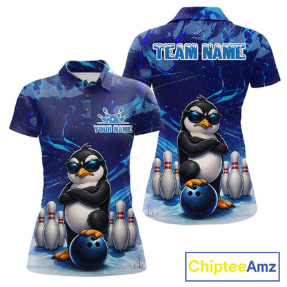 Personalized Blue Funny Penguin Bowling Shirt For Women Custom Bowling Team Jersey Polo & 1/4 Zip TDM7378