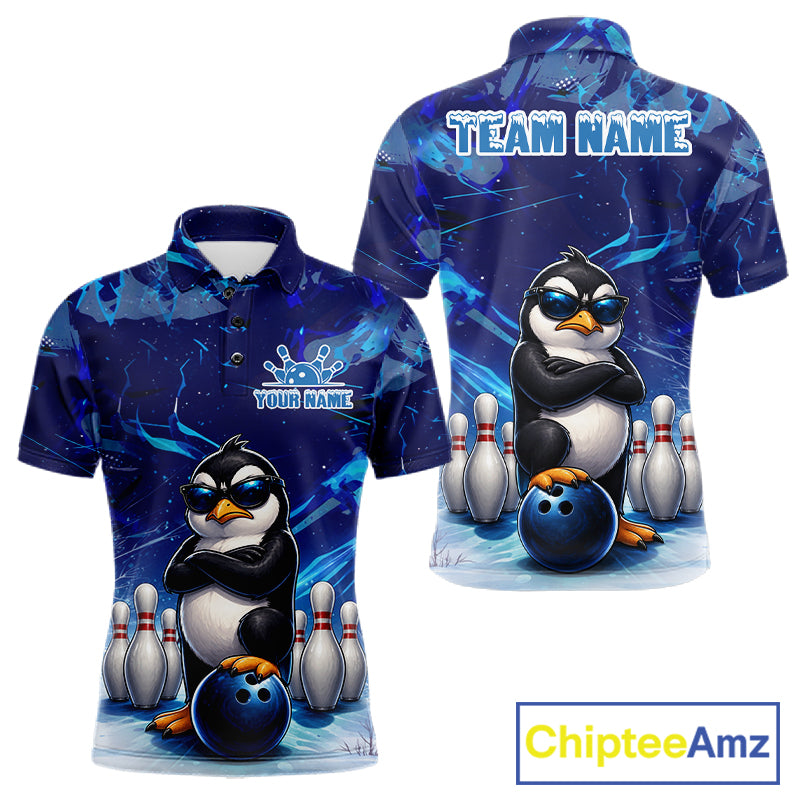 Personalized Blue Funny Penguin Bowling Shirt For Men Custom Bowling Team Jersey Polo & 1/4 Zip TDM7378