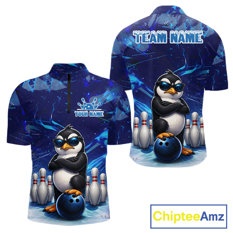 Personalized Blue Funny Penguin Bowling Shirt For Men Custom Bowling Team Jersey Polo & 1/4 Zip TDM7378