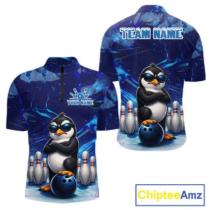 Personalized Blue Funny Penguin Bowling Shirt For Men Custom Bowling Team Jersey Polo & 1/4 Zip TDM7378
