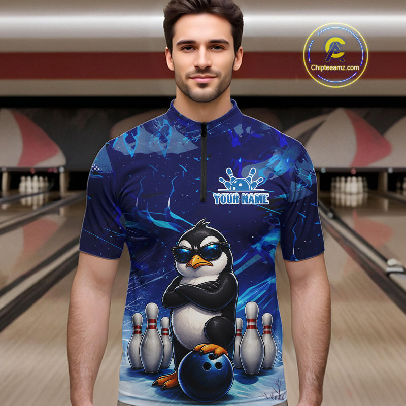 Personalized Blue Funny Penguin Bowling Shirt For Men Custom Bowling Team Jersey Polo & 1/4 Zip TDM7378