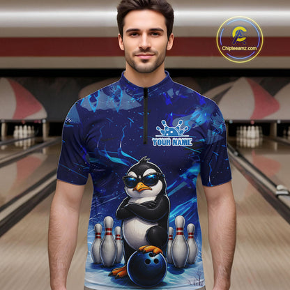 Personalized Blue Funny Penguin Bowling Shirt For Men Custom Bowling Team Jersey Polo & 1/4 Zip TDM7378