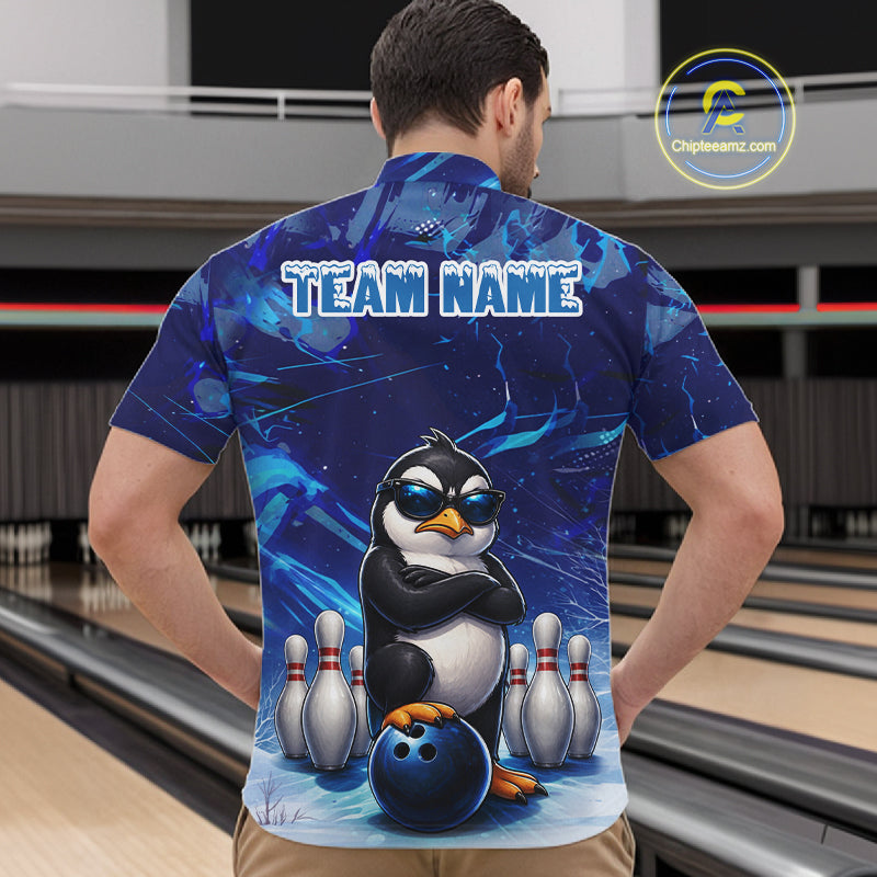 Personalized Blue Funny Penguin Bowling Shirt For Men Custom Bowling Team Jersey Polo & 1/4 Zip TDM7378