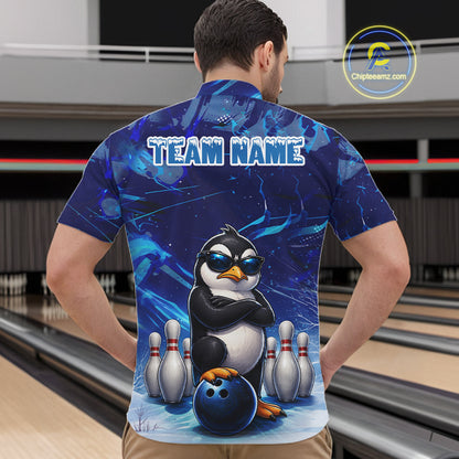 Personalized Blue Funny Penguin Bowling Shirt For Men Custom Bowling Team Jersey Polo & 1/4 Zip TDM7378