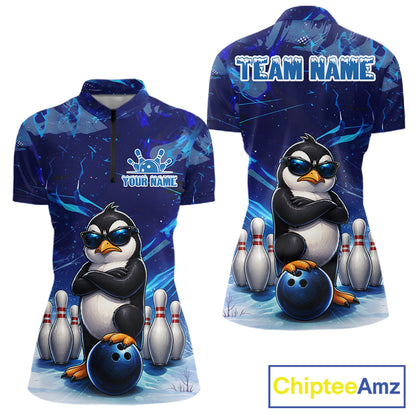Personalized Blue Funny Penguin Bowling Shirt For Women Custom Bowling Team Jersey Polo & 1/4 Zip TDM7378