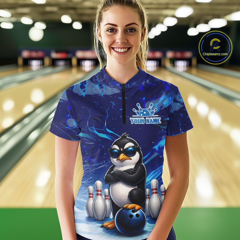 Personalized Blue Funny Penguin Bowling Shirt For Women Custom Bowling Team Jersey Polo & 1/4 Zip TDM7378
