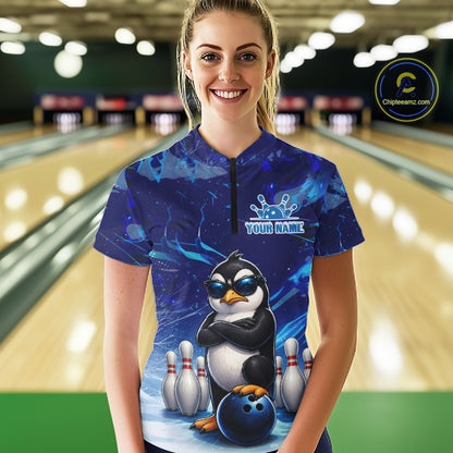 Personalized Blue Funny Penguin Bowling Shirt For Women Custom Bowling Team Jersey Polo & 1/4 Zip TDM7378