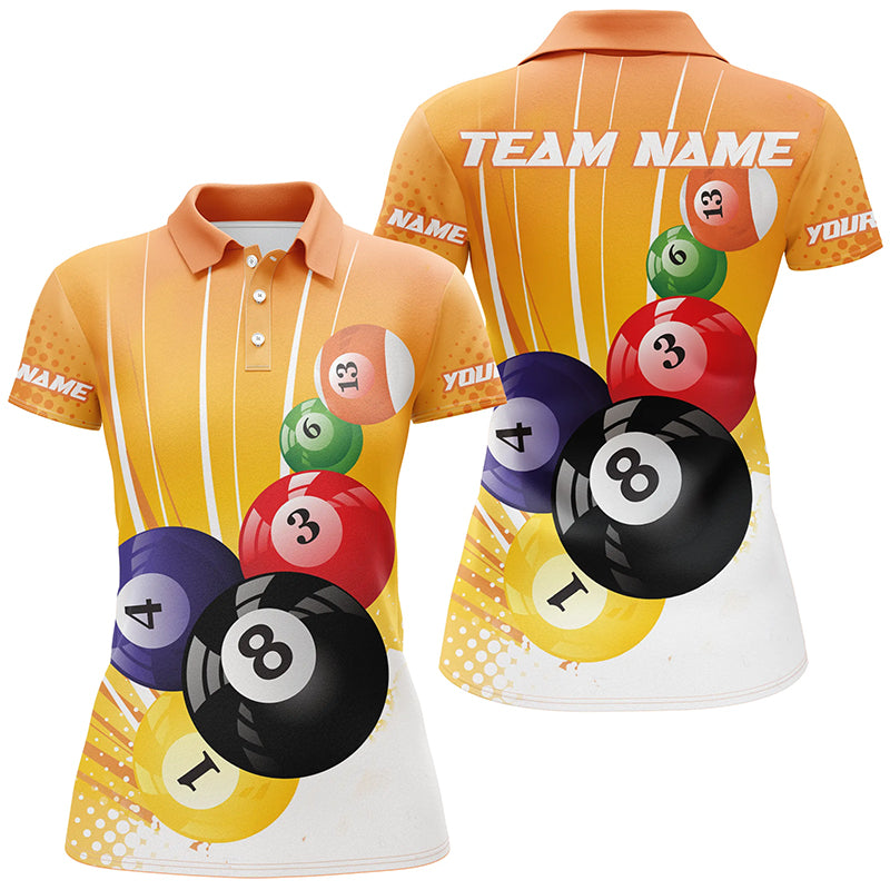 Custom Name Orange Billiard Balls 3D Printed Polo Shirts For Women, Personalized Team For Pooler TDM0230