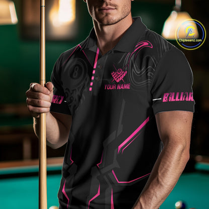 Customized 8 Ball Pool Crown Men's Billiard Shirts Pink And Black Billiard Team Shirt Pool Jersey TDM7677