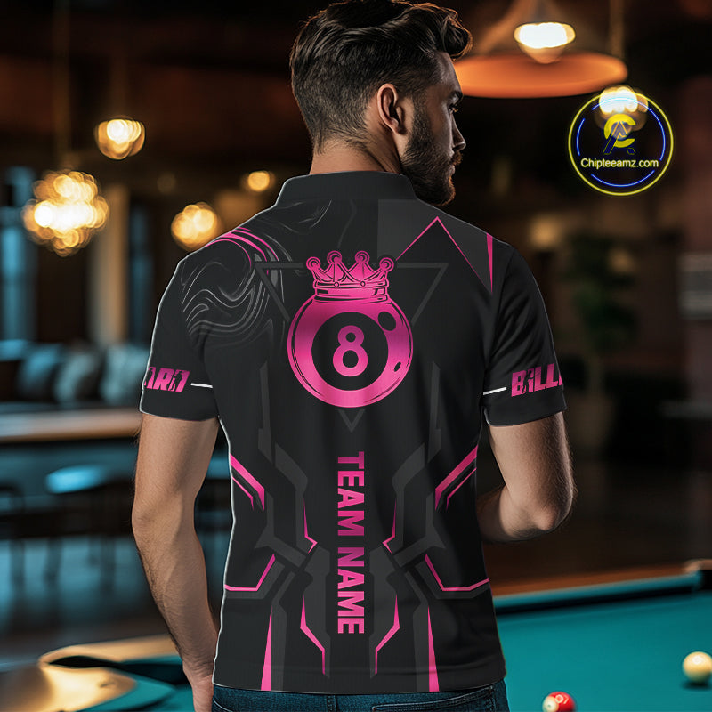 Customized 8 Ball Pool Crown Men's Billiard Shirts Pink And Black Billiard Team Shirt Pool Jersey TDM7677