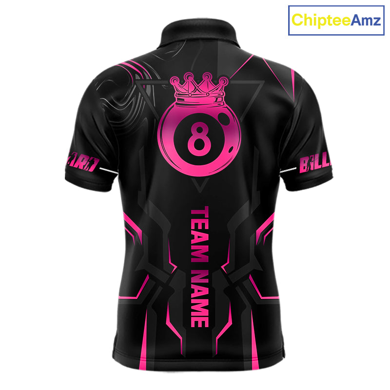Customized 8 Ball Pool Crown Men's Billiard Shirts Pink And Black Billiard Team Shirt Pool Jersey TDM7677
