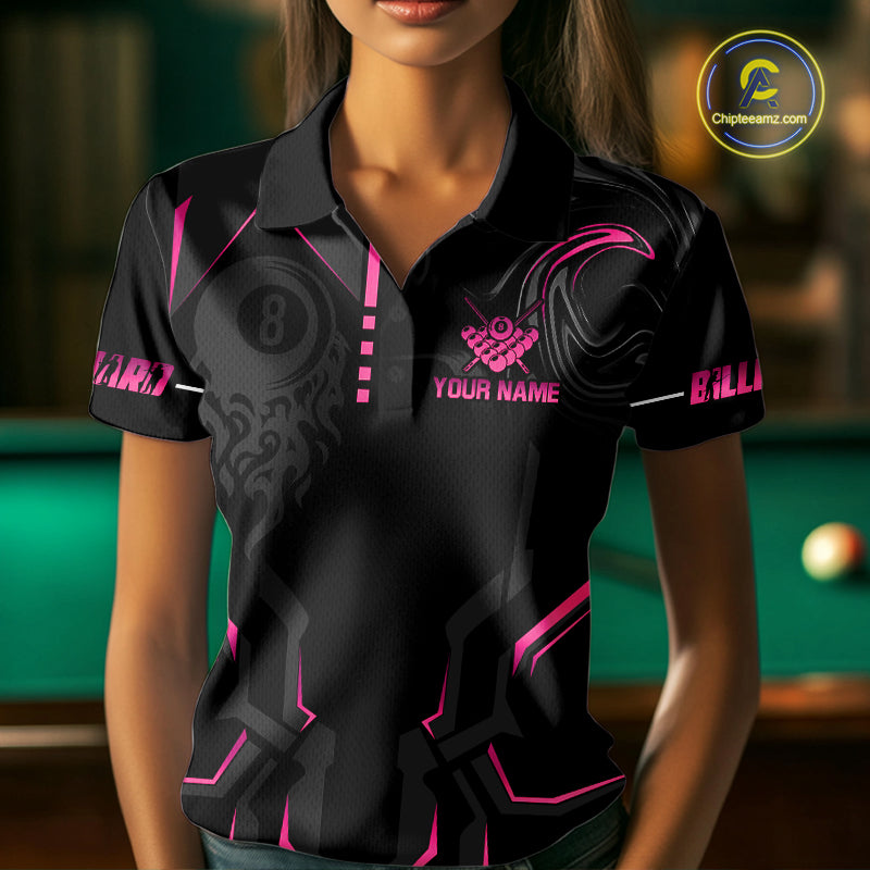 Customized 8 Ball Pool Crown Women's Billiard Shirts Pink And Black Billiard Team Shirt Pool Jersey TDM7677