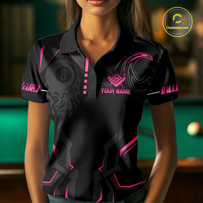 Customized 8 Ball Pool Crown Women's Billiard Shirts Pink And Black Billiard Team Shirt Pool Jersey TDM7677