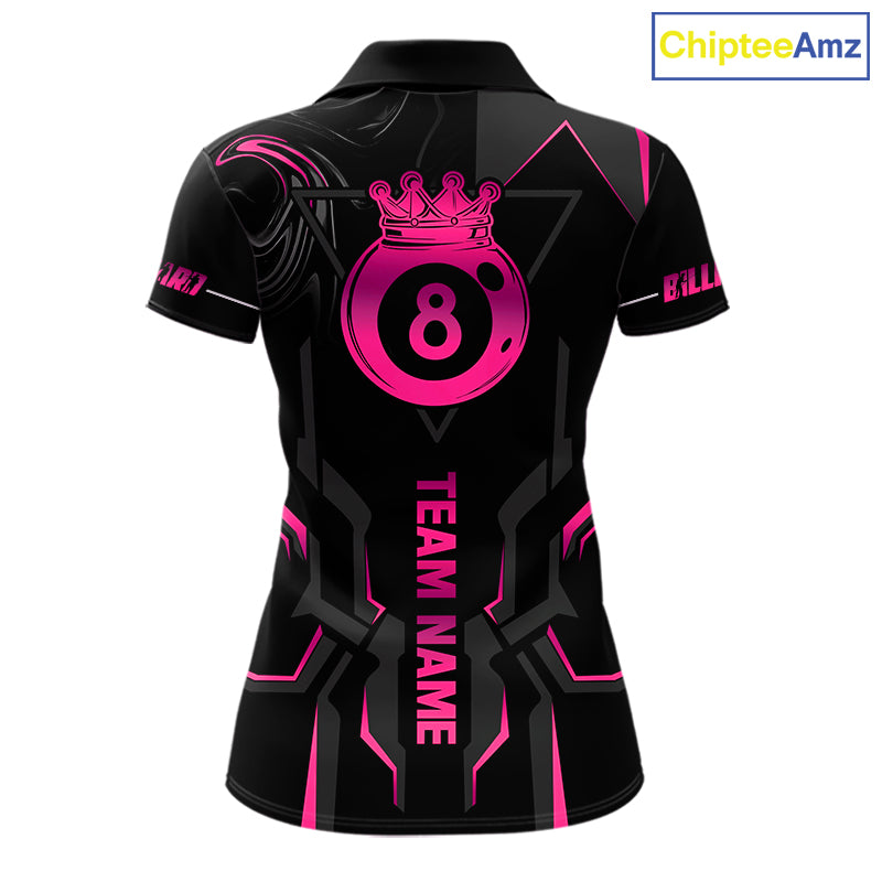 Customized 8 Ball Pool Crown Women's Billiard Shirts Pink And Black Billiard Team Shirt Pool Jersey TDM7677