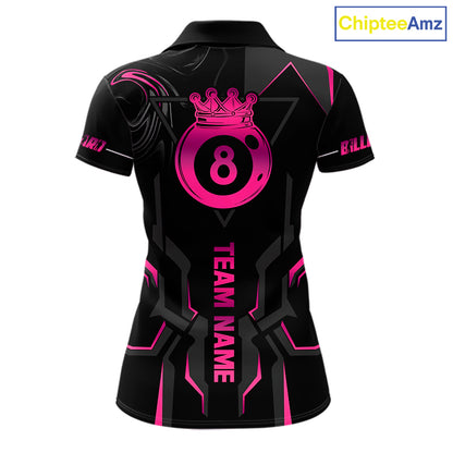 Customized 8 Ball Pool Crown Women's Billiard Shirts Pink And Black Billiard Team Shirt Pool Jersey TDM7677