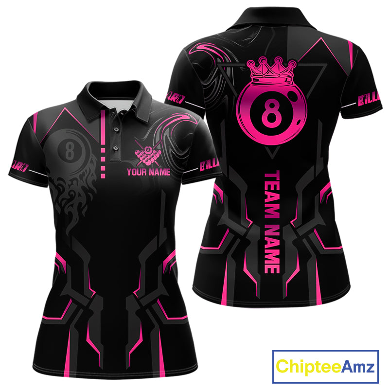 Customized 8 Ball Pool Crown Women's Billiard Shirts Pink And Black Billiard Team Shirt Pool Jersey TDM7677
