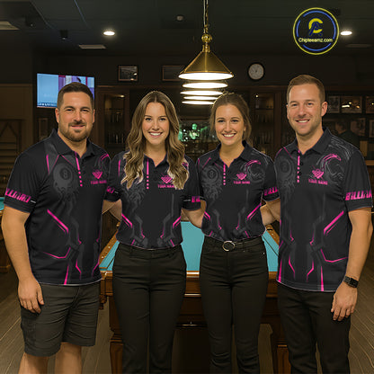 Customized 8 Ball Pool Crown Men's Billiard Shirts Pink And Black Billiard Team Shirt Pool Jersey TDM7677