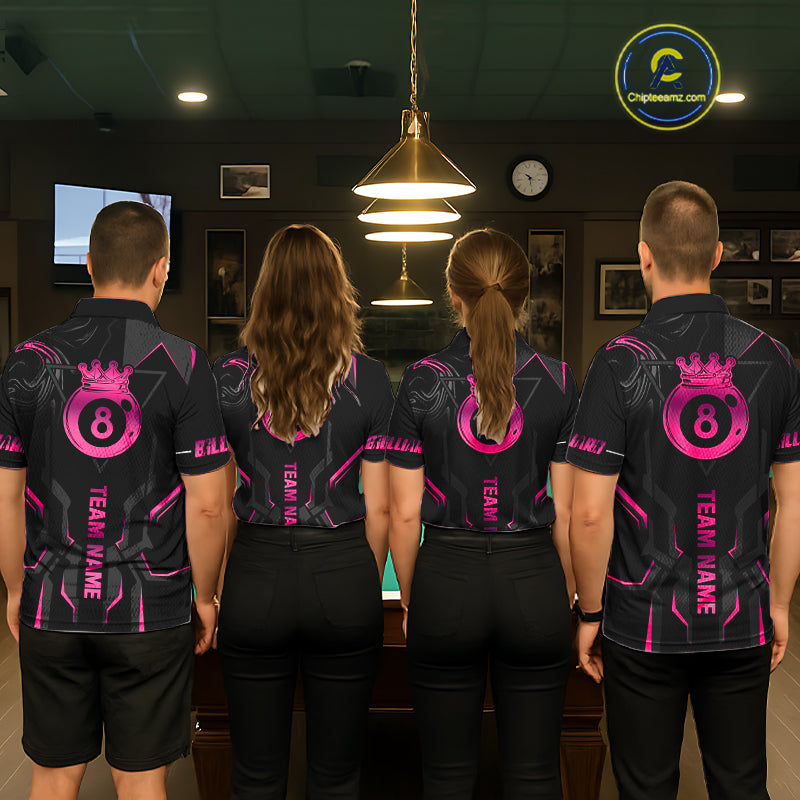 Customized 8 Ball Pool Crown Men's Billiard Shirts Pink And Black Billiard Team Shirt Pool Jersey TDM7677