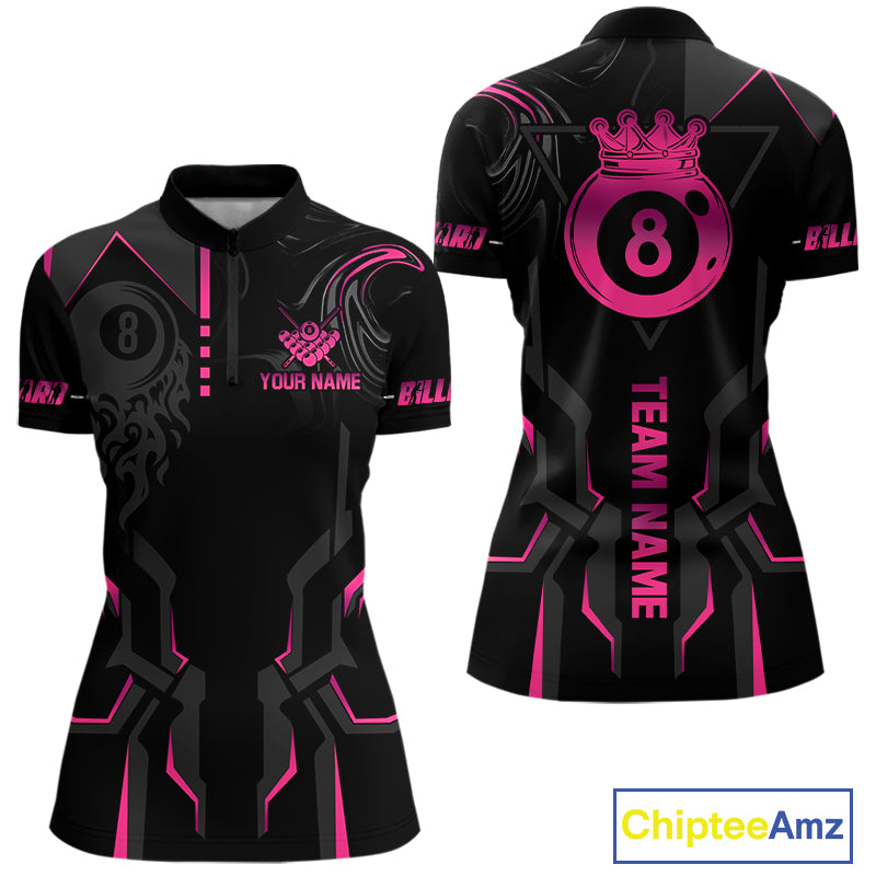 Customized 8 Ball Pool Crown Women's Billiard Shirts Pink And Black Billiard Team Shirt Pool Jersey TDM7677
