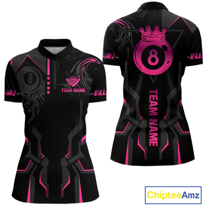 Customized 8 Ball Pool Crown Women's Billiard Shirts Pink And Black Billiard Team Shirt Pool Jersey TDM7677
