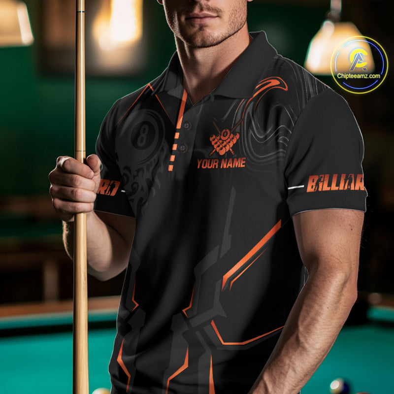 Custom 8 Ball Pool Crown Men's Billiard Shirts Orange And Black Billiard Team Shirt Pool Jersey TDM7678