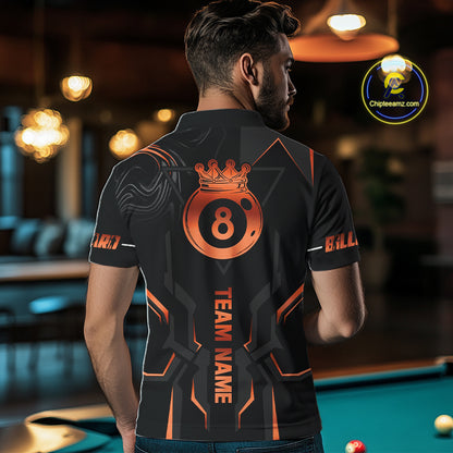 Custom 8 Ball Pool Crown Men's Billiard Shirts Orange And Black Billiard Team Shirt Pool Jersey TDM7678
