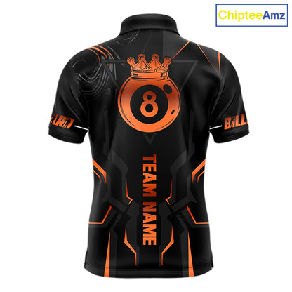 Custom 8 Ball Pool Crown Men's Billiard Shirts Orange And Black Billiard Team Shirt Pool Jersey TDM7678